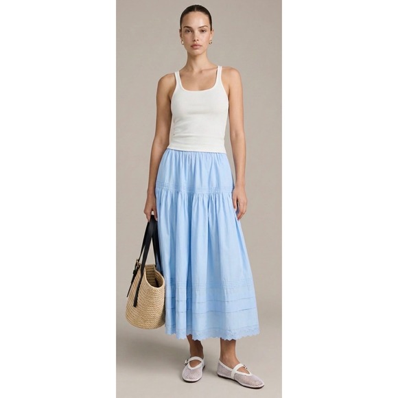 o.p.t Dresses & Skirts - Few Moda OPT One Pretty Time Blue Cotton Tiered Maxi Skirt Eyelet Lace Trim